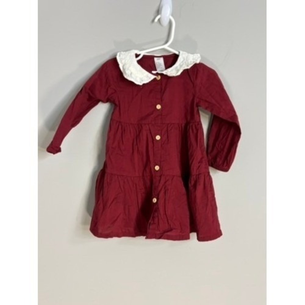 H&M Burgundy Long Sleeve Tiered Dress‎ with White Lace Collar Dress - Picture 3 of 5
